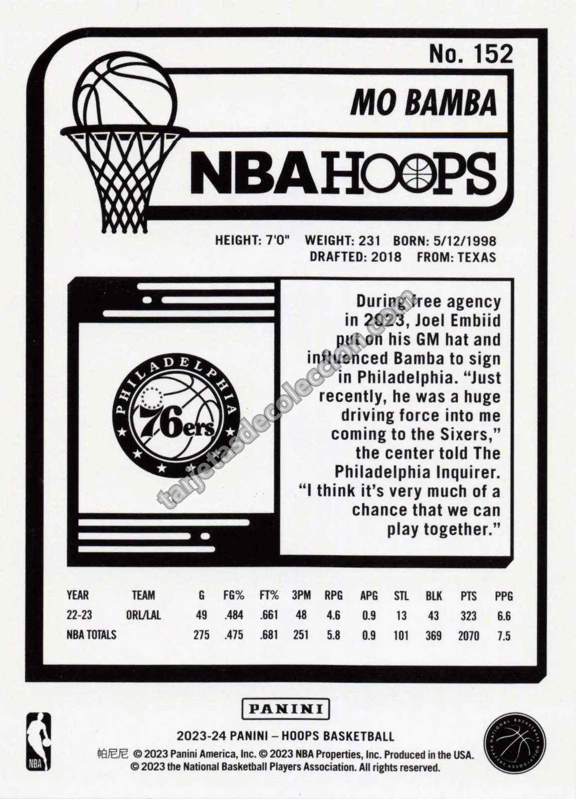 2023-24 Panini Hoops Mo Bamba #152 (Philadelphia 76ers)